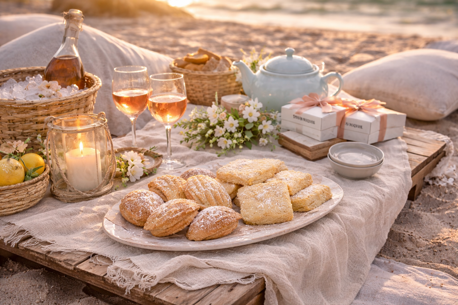 Beach picnic spread with pastries