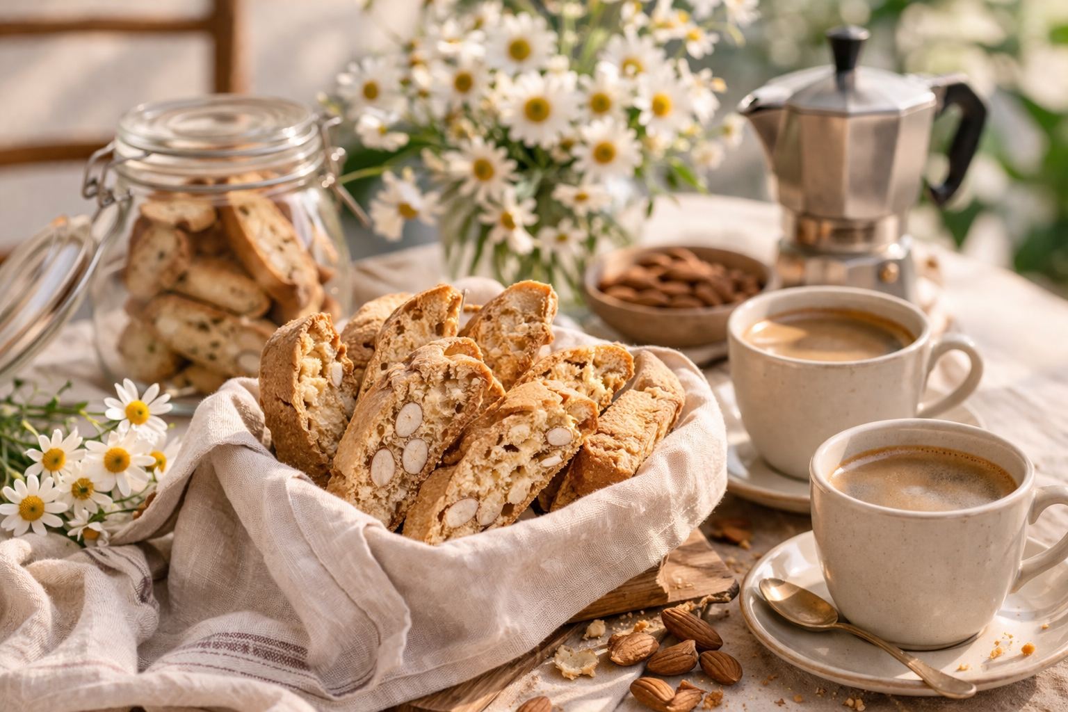 Coffee and biscotti styled on a cafe table