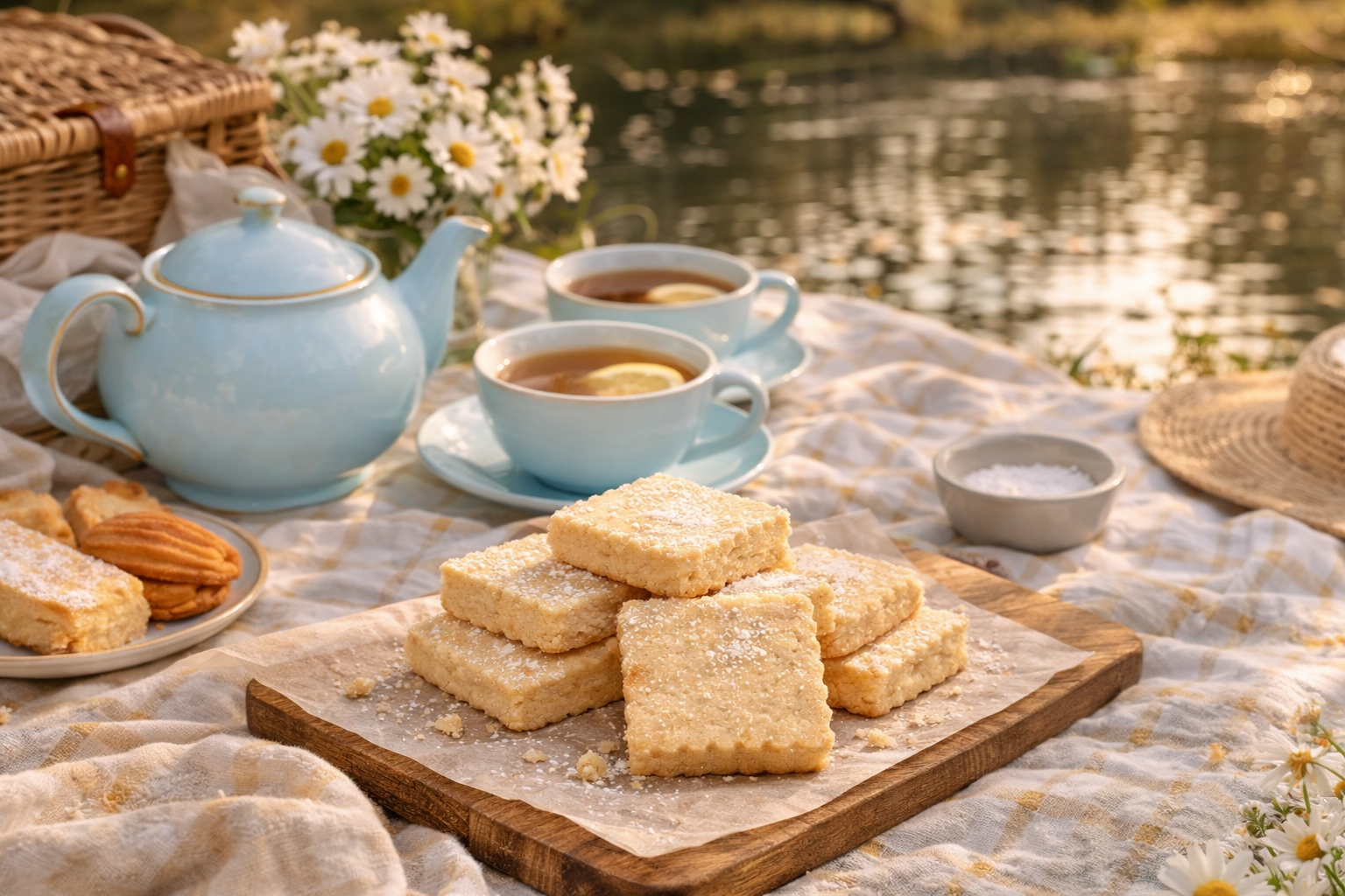 Pique-Nique picnic spread with pastries, linens, and flowers